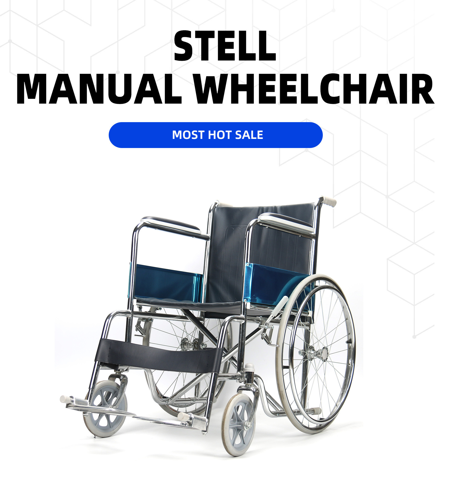 Chormed Steel Frame Standard Folding Steel Wheelchair 24 Inch Rear Wheels