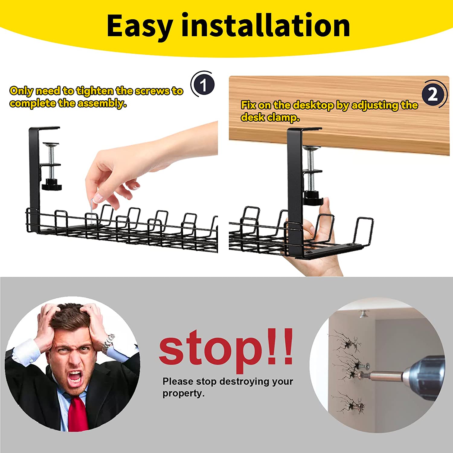 Iron Fabric Type No Drill Under Desk Cable Management Tray with Customized Packing