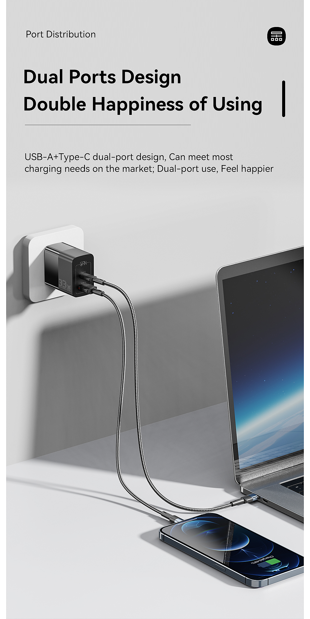 High Power GaN Chargers USB A Type C Double Port Quick Charging PD Wall Charger 33W
