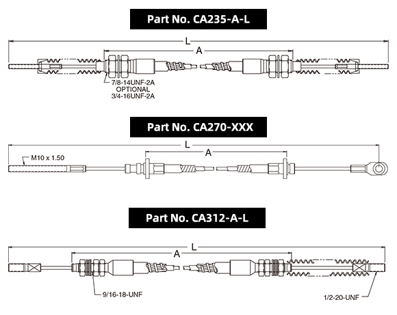 pull-only clutch cable series CA235 CA270 CA312 with end fittings