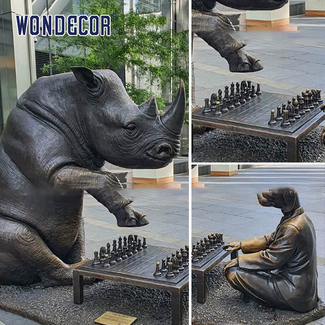 Smooth Bronze Sculpture Art Rhinoceros And Dog Playing Chess Together