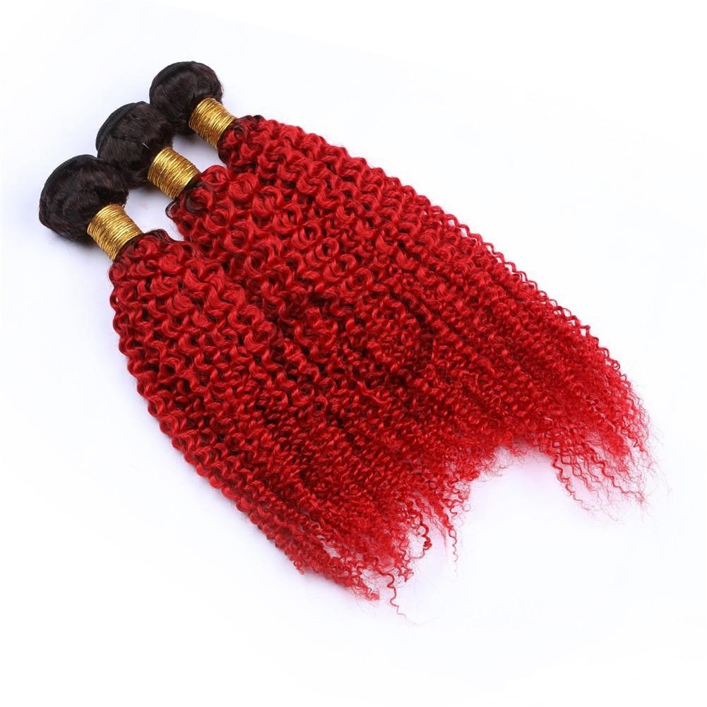 #T1B/Red Kinky Curly Remy Human Hair Bundles Sew In Weave Bundles Brazilian Bundle Deals