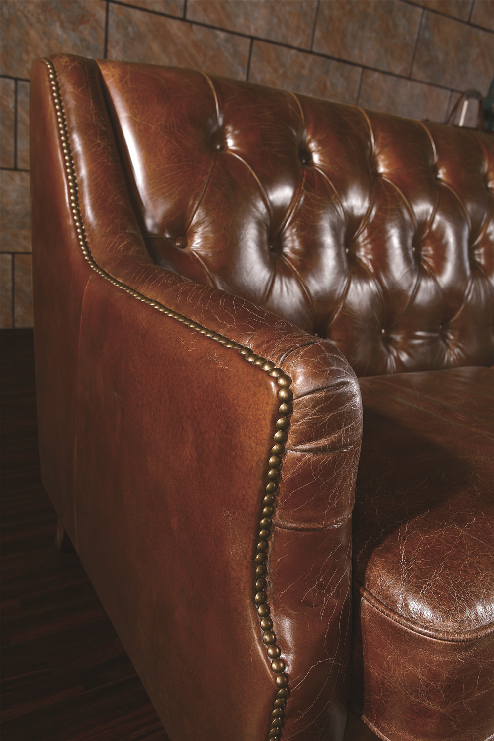 Retro Top Grain Soft Leather Sofa , Brown Leather Couch Set With Back Buttons