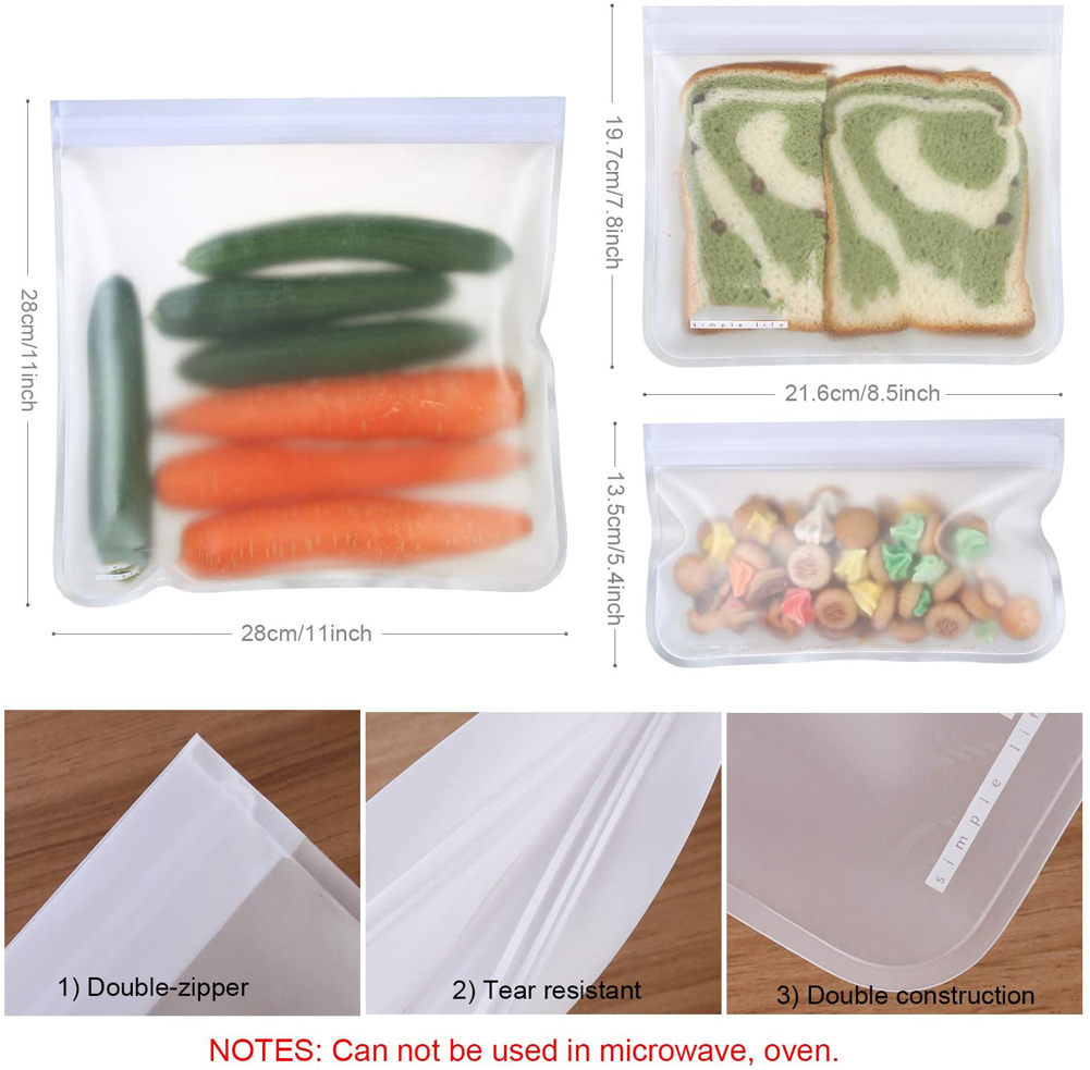 Reusable Leakproof Silicone Food Storage Bag with Zipper Top and Self Sealing Design