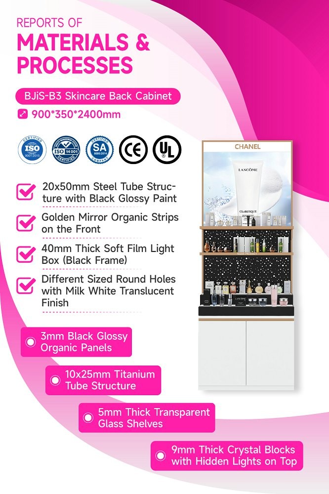 BJiS-B3 40mm Thick Light Box Skincare Display Cabinet with Drawer Storage for Minimalist Shops
