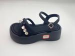 Women black bottomed sandals with rhinestone genuine leather in summer