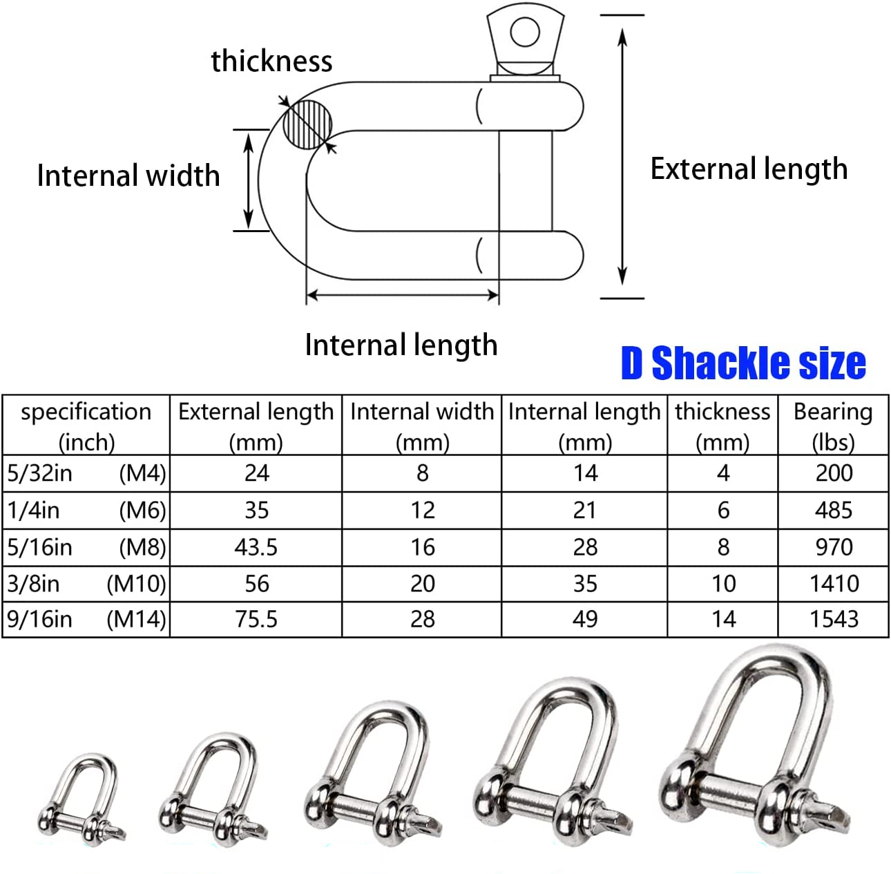 Metric Measurement D Shackle Stainless Steel and Pin Type with Screw Collar Pin High Polished Surface 316 DEE SHACKLES