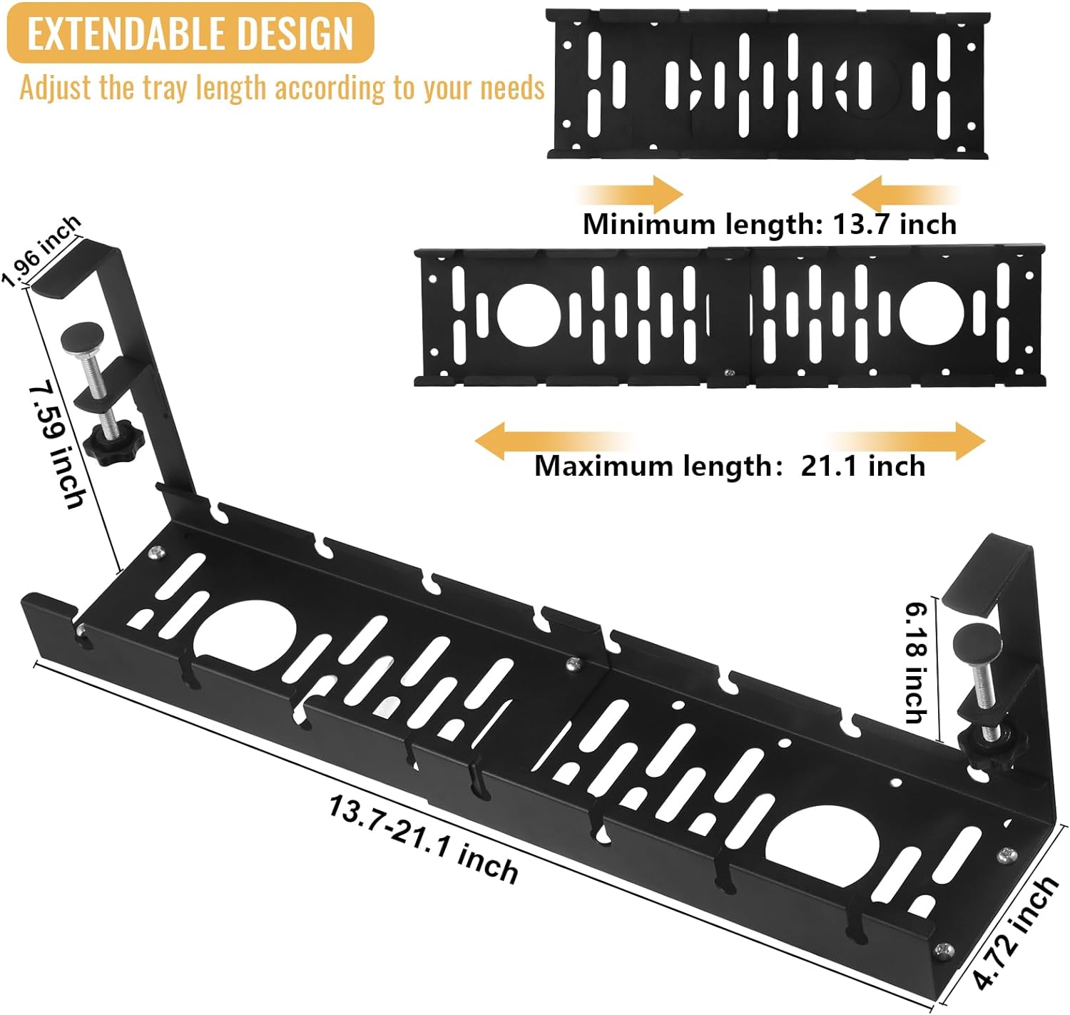 Single Tier Telescopic Steel Cable Wiring Tray for Under Desk No Drilling Required Home