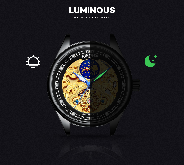 KINYUED popular stainless steel classical automatic luminous hands mens automatic skeleton watch