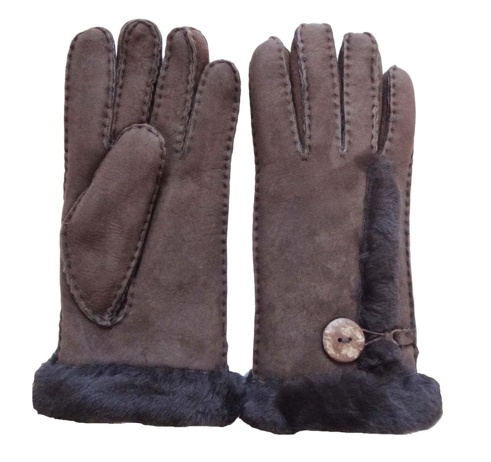Women soft fashion double face fur lined leather gloves ladies lamb fur gloves with button