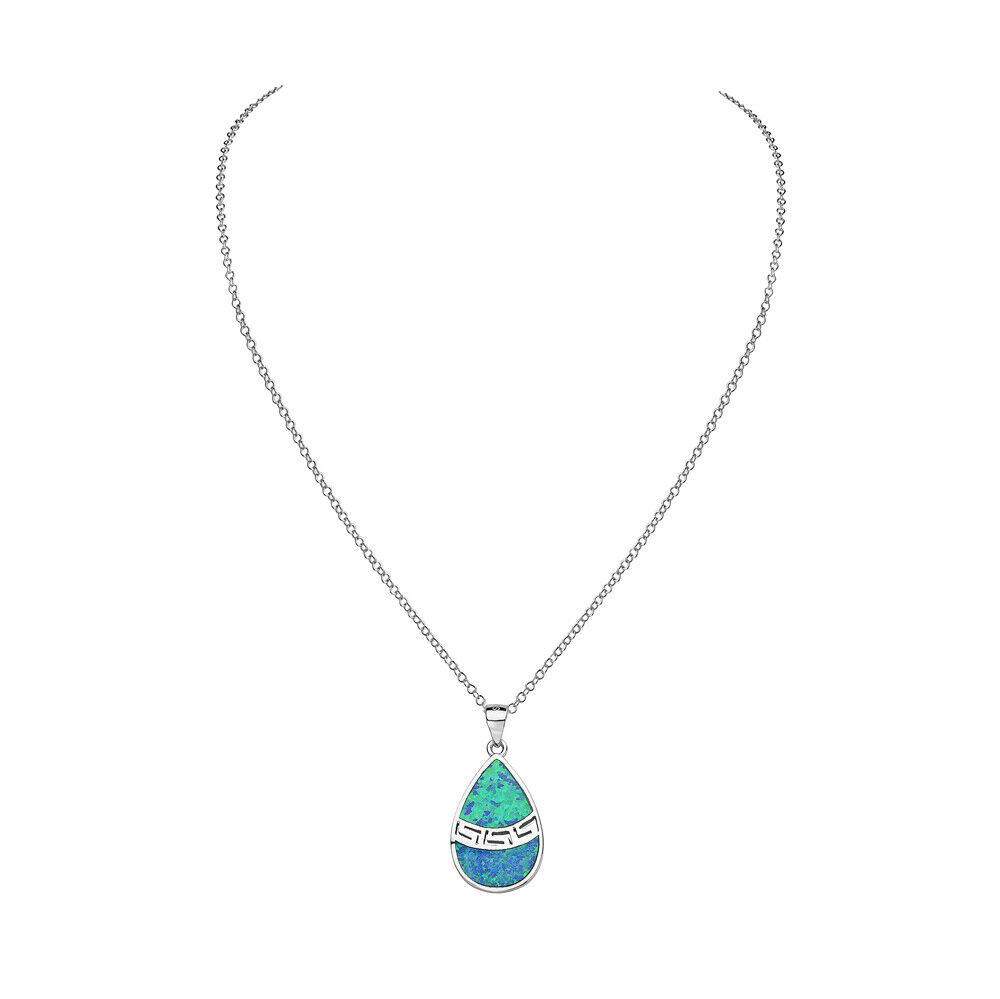 25 Sterling Silver Blue Simulated Opal Greek Key Meander Meandros Spiral Pendant Necklace