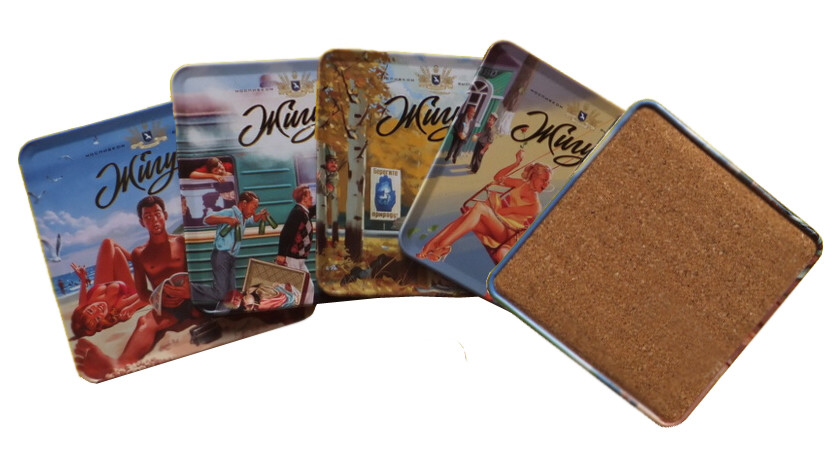 Mordern style Square Shape tin coaster with cork base set 4 in a tin box