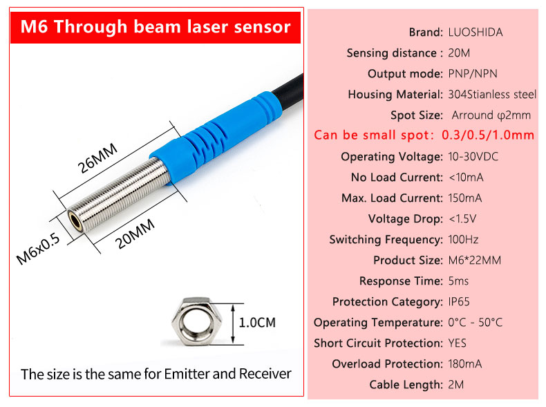 LUOSHIDA DC 3 Wire All Series Through Beam Laser Sensor 20m / 30m Sensing Distance