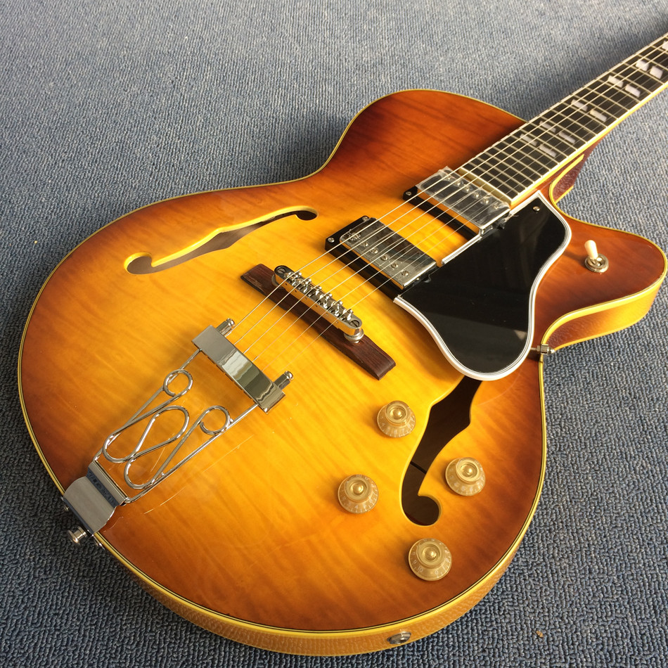 Hollow body jazz electric guitar, Chocolate color electric guitar with Tremolo system,Ebony Fingerboard