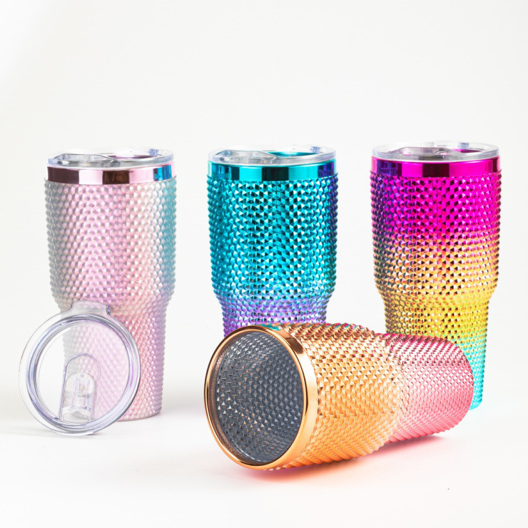 750ml Food Grade Custom Sparkly Water Bottle Iridescent Inlaid Diamond Glitter Custom Studded Tumbler With Straw Easy To Hold And Clean 9.7*23.2cm
