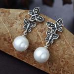 925 Silver White Simulated Shell Pearl Dangle Earrings Vintage Old Jewellry