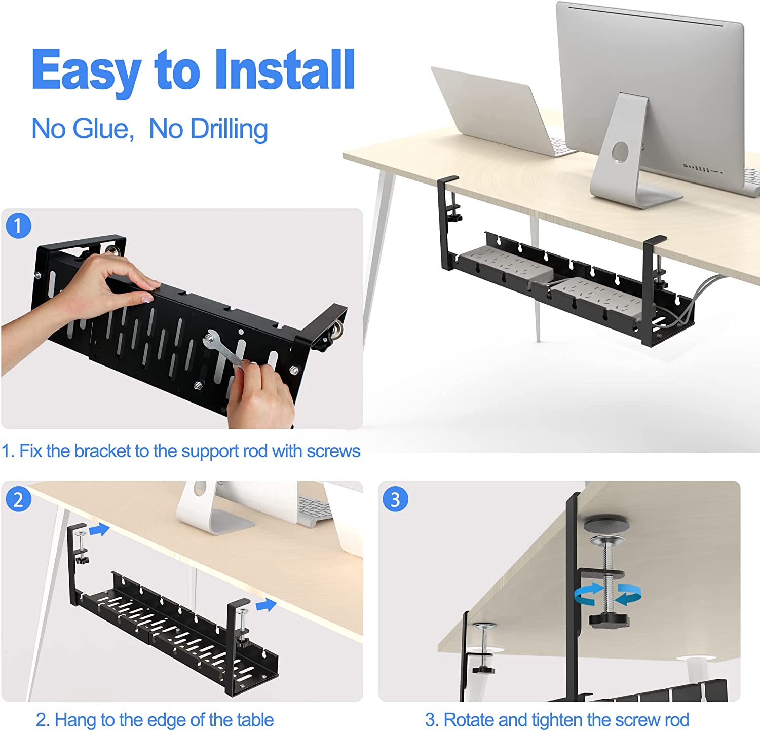 Sturdy Iron Wire Cable Tray for Under Desk Cord Management Adjustable Cable Organizer