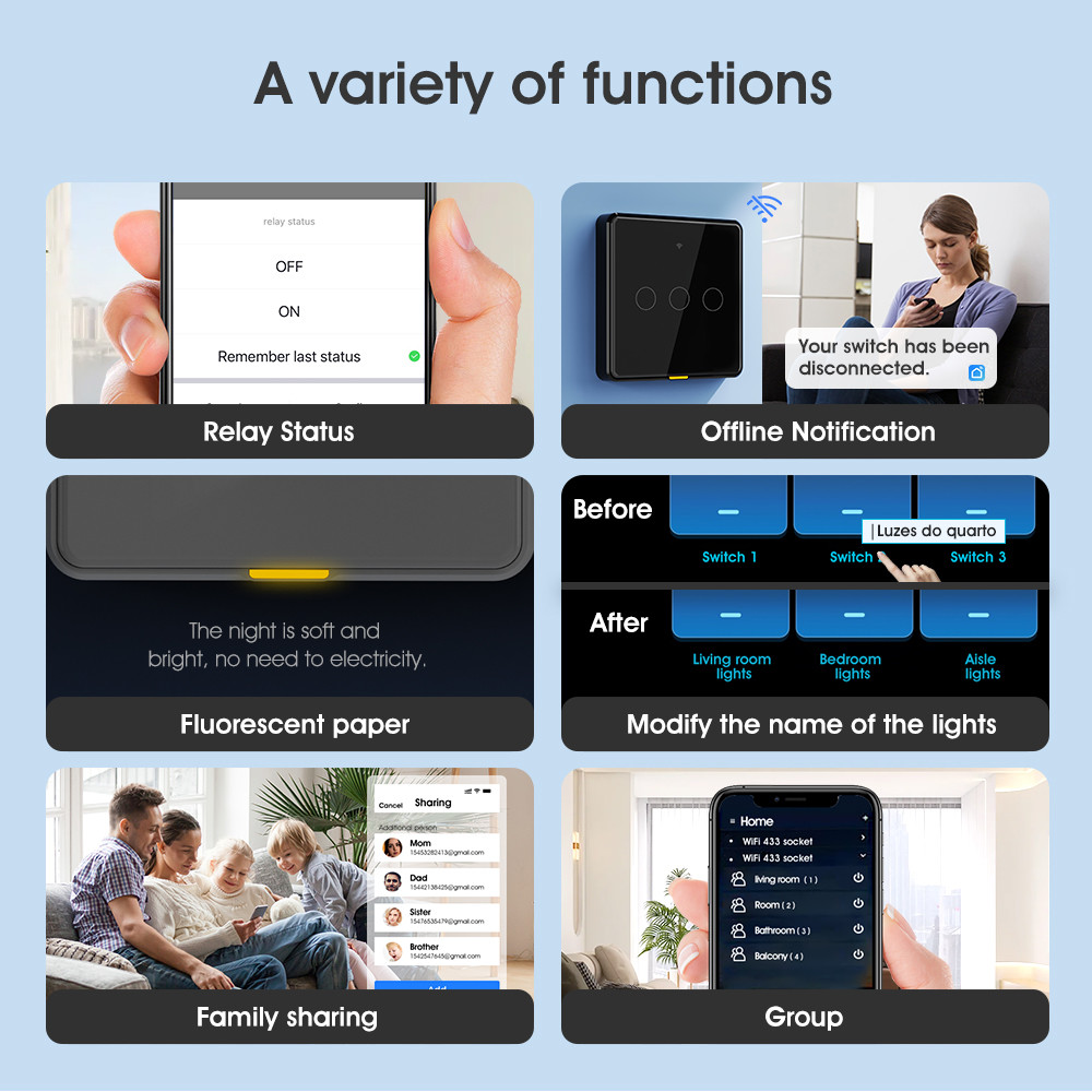 Tuya WiFi switch RF433 control Timing Voice App Alexa, Google Home Smart Home No Neutral Wire WiFi EU Wall Switch