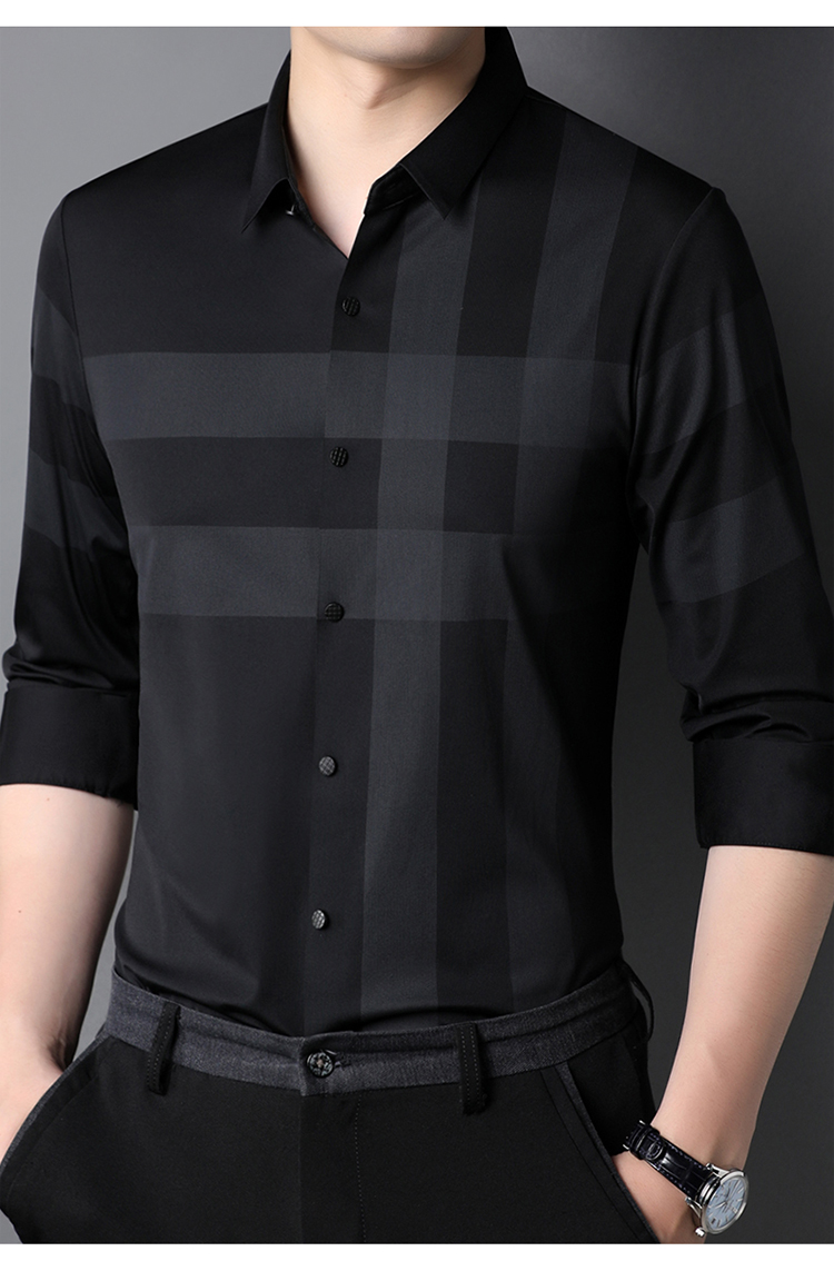 Striped Polyester/Cotton Casual Black Shirt for Men Slim Fit Long Sleeve Shirts
