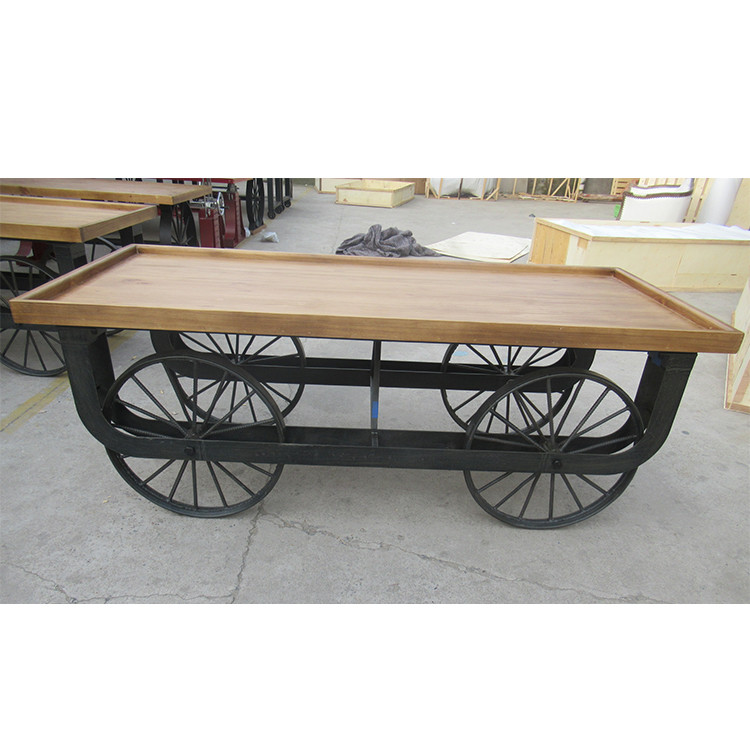 Square Pine Wood Retro Trunk Table Metal Carriage Wheel Bedroom