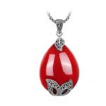 Thai Silver Jewelry Created Garnet with Marcasite Pendant Necklace (N12034RED)