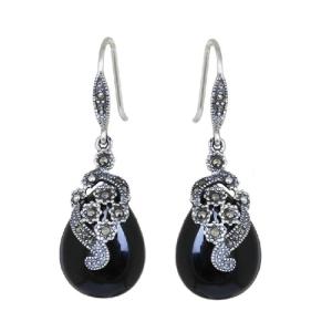 Quality Retro Jewelry Thai 925 Silver with Marcasite Black Onyx Earrings(LR1036BLACK) wholesale