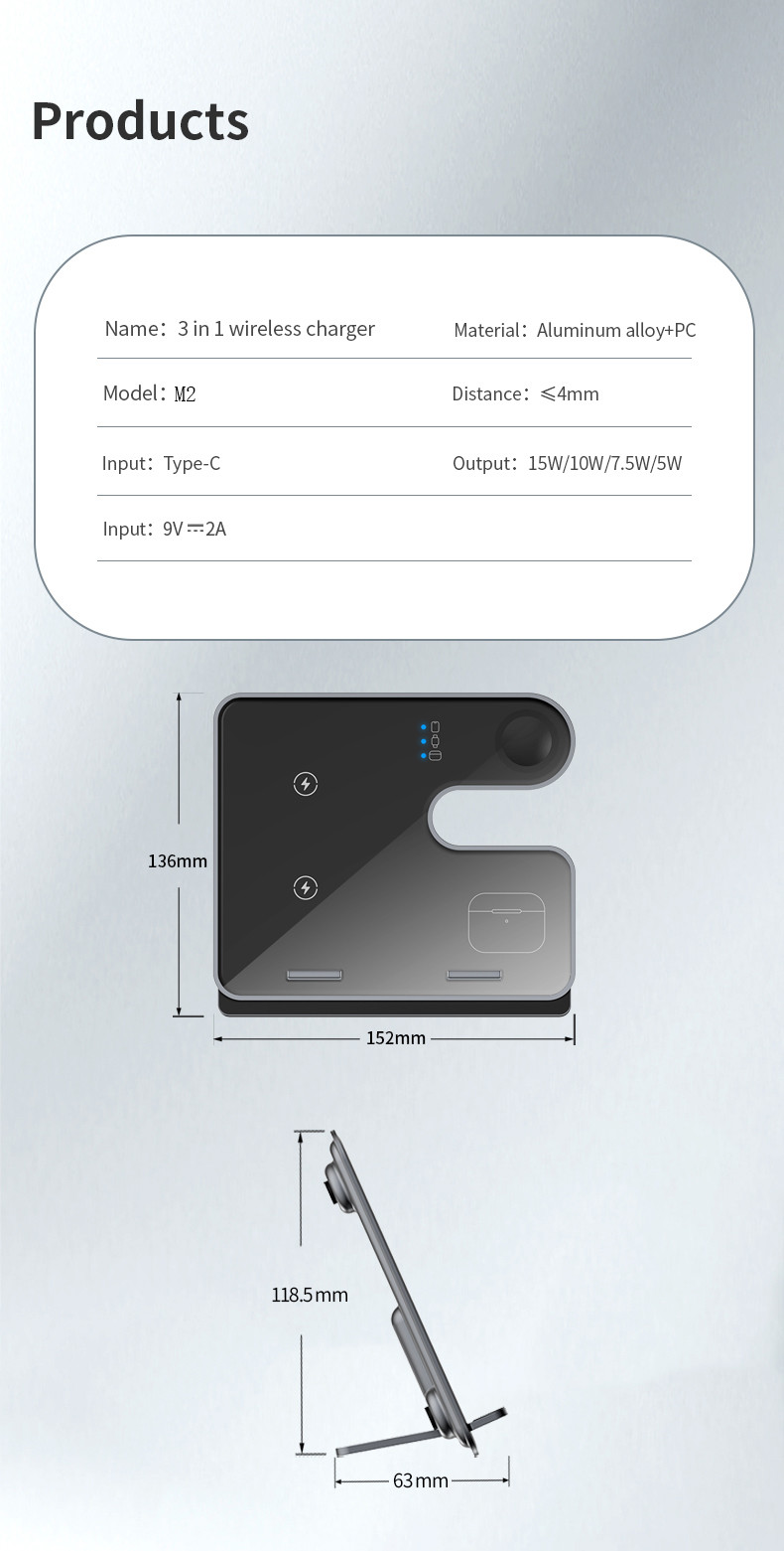 Detachable Braket Qi Standard 3in 1 Wireless Charging for Smart Devices