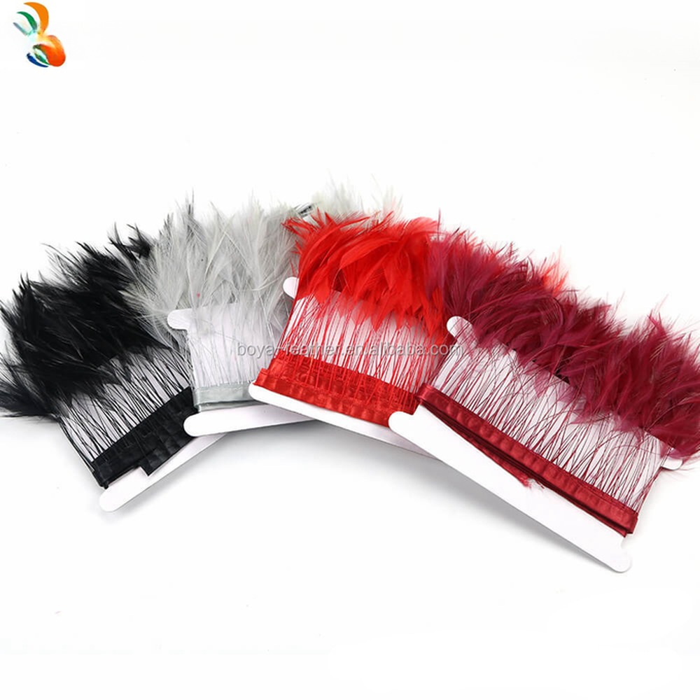 Dyed Pattern Party Decoration Stripped Hackle Feather Fringe Trimming with Satin Ribbon Tapes
