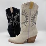 soft lychee grain leather Womens Dress Boots with sun embroidery pattern，Square