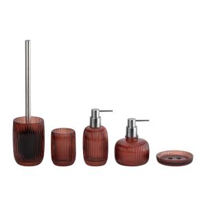Quality Glass Bathroom Accessories Set Red Color Round Shape With Ribbed Vertical Stripe Toilet Brush Cleaner wholesale