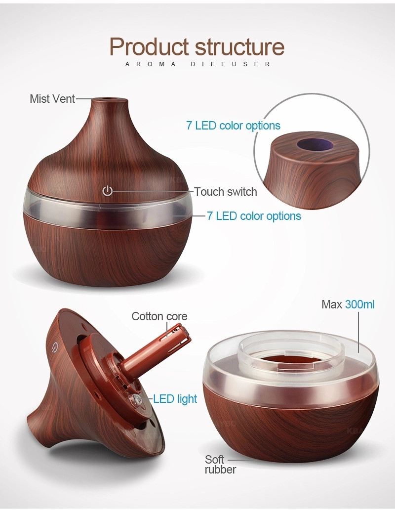 300ML 2W 35ml/h Wood Grain Aroma Diffuser For Bedroom