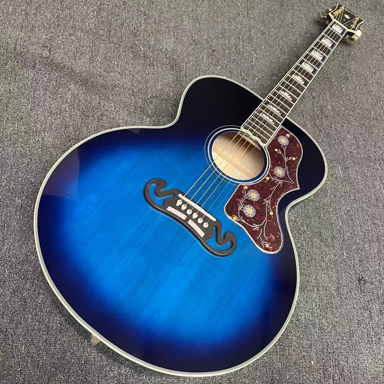 Custom Flamed Maple Back Side 43 Inch Jumbo Acoustic Guitar with Abalone Inlay in Blue Sunburst