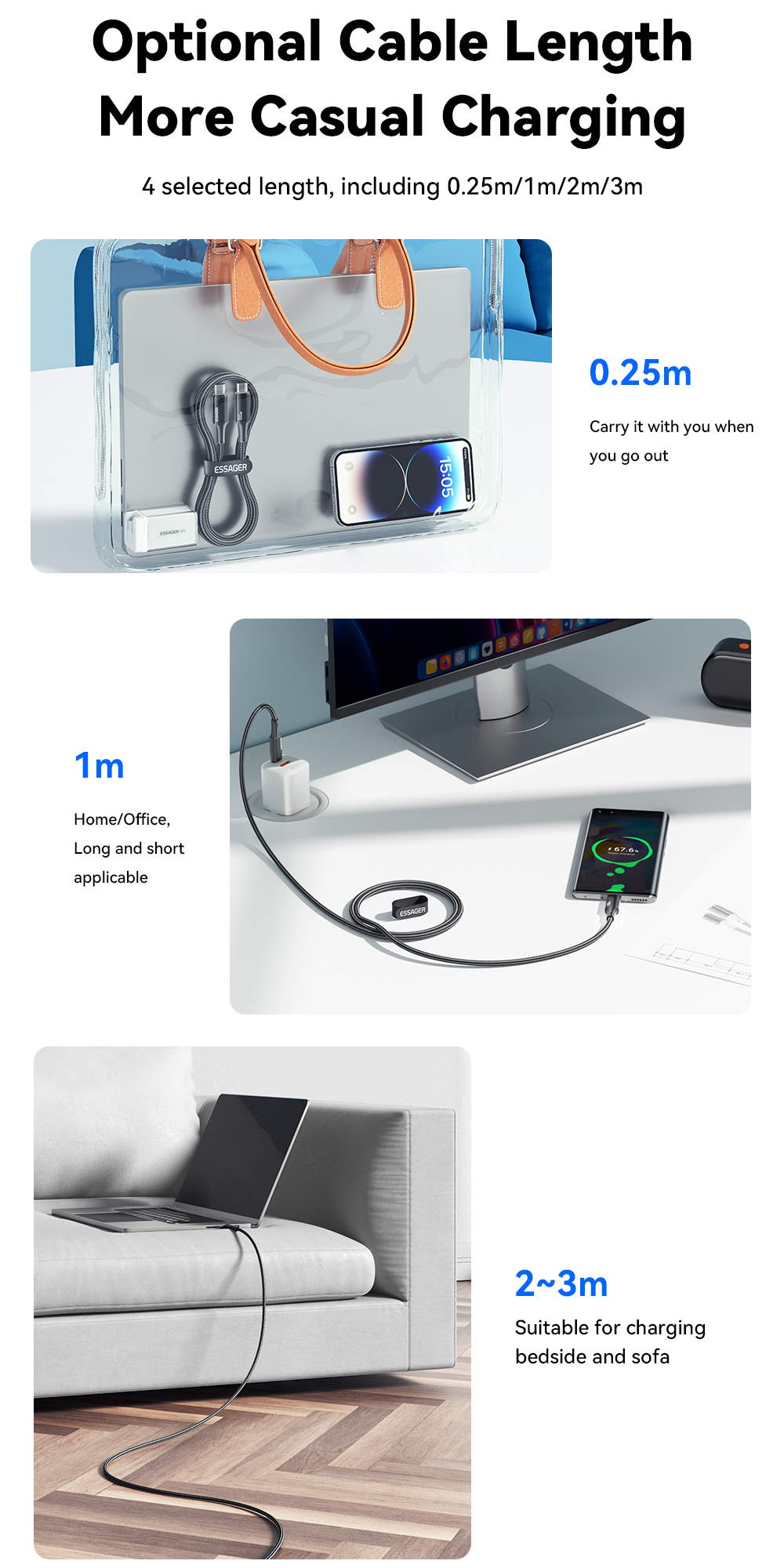 ESSAGER ES-X45 Series USB C to C Fast Charging Cable 100W 1m 2m 3m