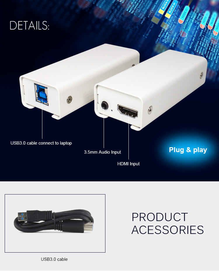 HDMI 3.5mm Audio Usb Vhs Capture Device USB3.0 Video Conference Free Driver