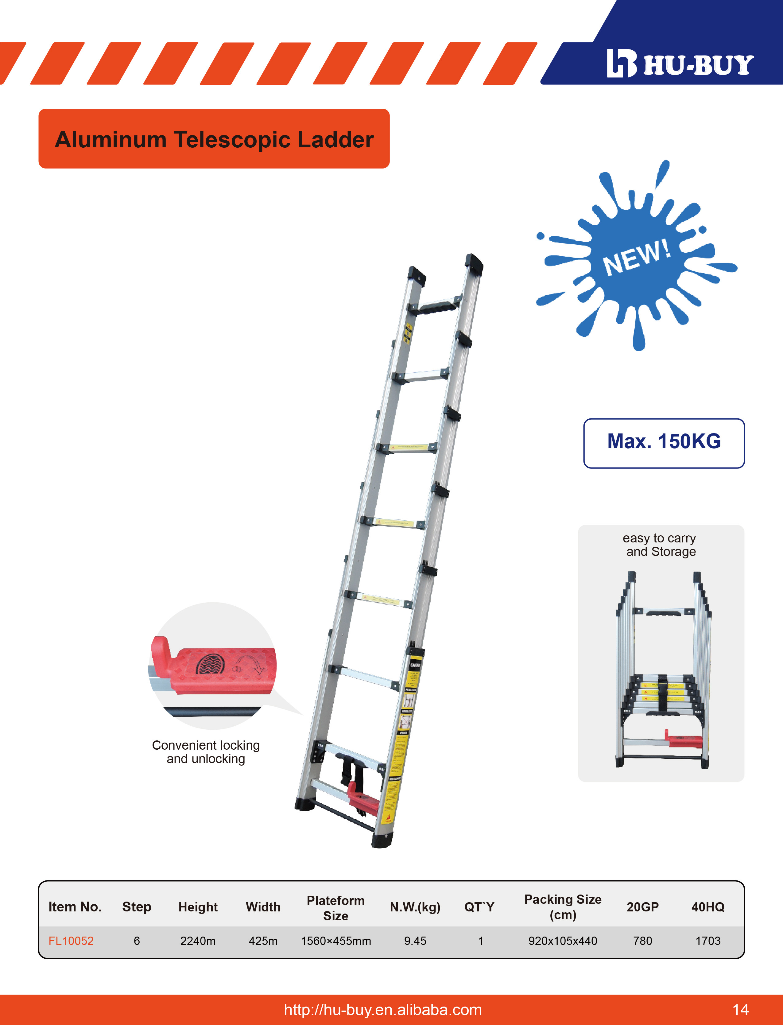 Compact Design Adjustable Aluminum Ladder With Anti Slip Treads