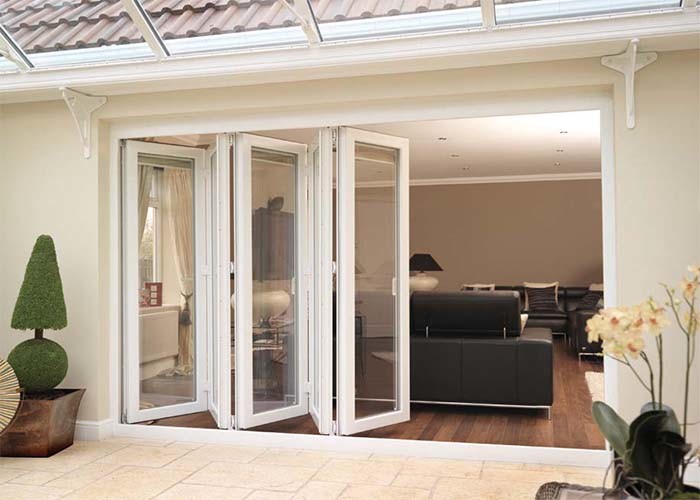 Waterproof Aluminum Frame Folding Glass Patio Doors , Aluminium Framed Frosted Glass Doors