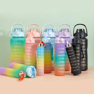 Quality Summer Gradient Motivational 3 In 1 Water Bottle Set Leak Proof Water Bottle 40 Oz With Handle Bpa Free Portable Sports Kettle wholesale