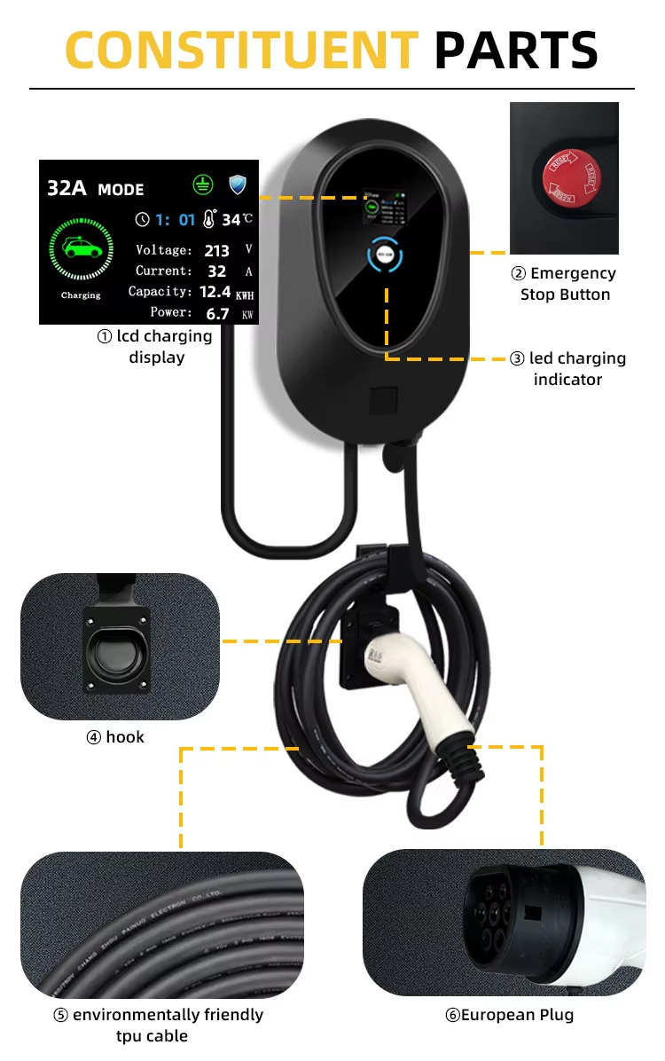7kw 32a Fast Charger Type2 Portable EV Charger Station With Bluetooth Enabled
