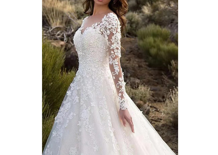 Floral Lace Big Long Tail Bridal Gown / Long Sleeve Bridesmaid Dresses