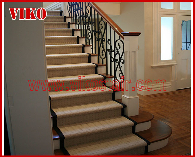 Wrought Iron Staircase VK115S Wrought Iron Handrail Tread Beech,Railing tempered glass, Handrail b eech Stringer,carbon