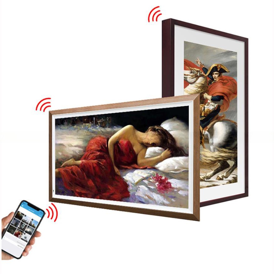 UHD 65" inch Large LCD LED digital video photo frame with Wood frame for NFT advertising display with wooden frame monitor