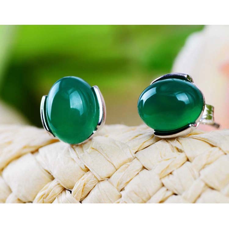 925 Sterling Silver Oval Green Onyx Bead Stud Earrings(033422W)