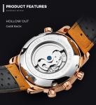 KINYUED J019-3 Private Label Gold Case Genuine Leather Auto Date Skeleton