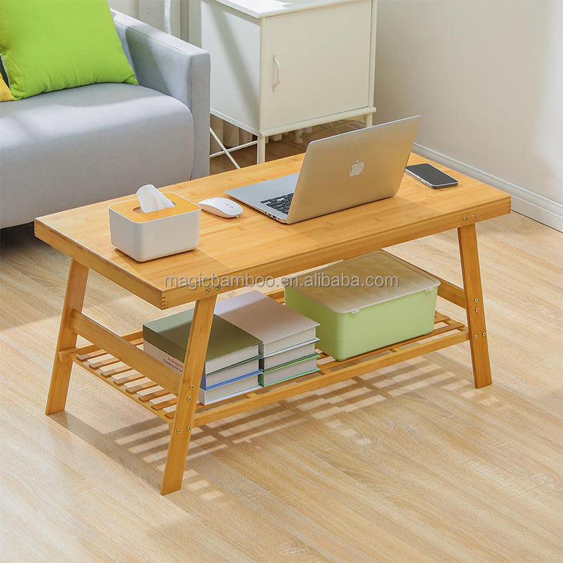 50x100x48.5cm Bamboo Dual Tier Coffee Table With Open Storage Shelf For In Living Room