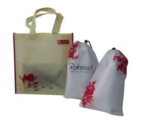 Quality Non Woven Fabric Reusable Carrier Bags Drawstring Shoe Lotus Flower Logo 30gsm wholesale
