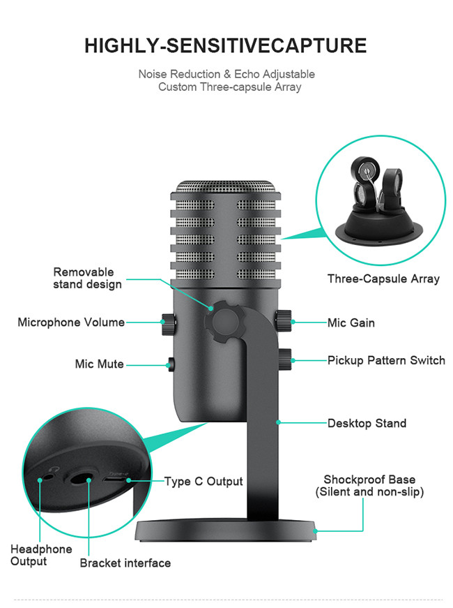 14mm Capsules Studio Sound Recording Microphone With Shockproof Mount