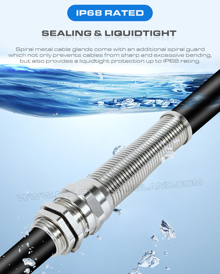 IP68 Liquid Tight Metal (Brass) Strain Relief Cable Glands with Spiral Flex Protector