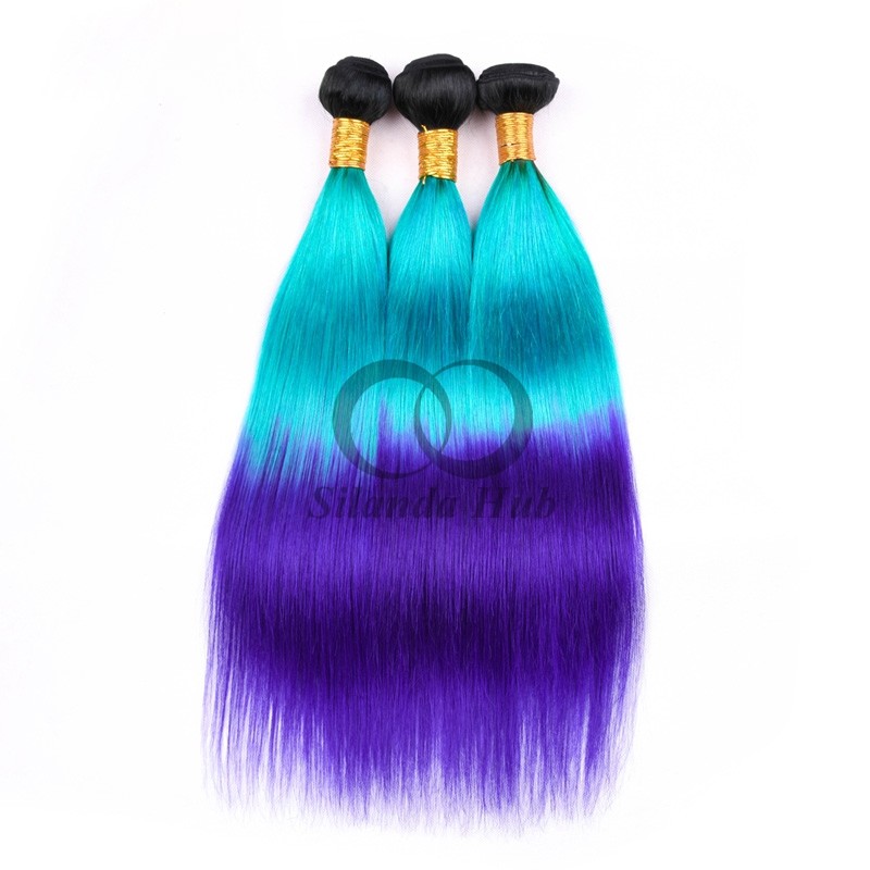#T1B/Light Blue/Blue Straight Remy Human Hair Bundles Sew In Weave Bundles Brazilian Bundle Deals