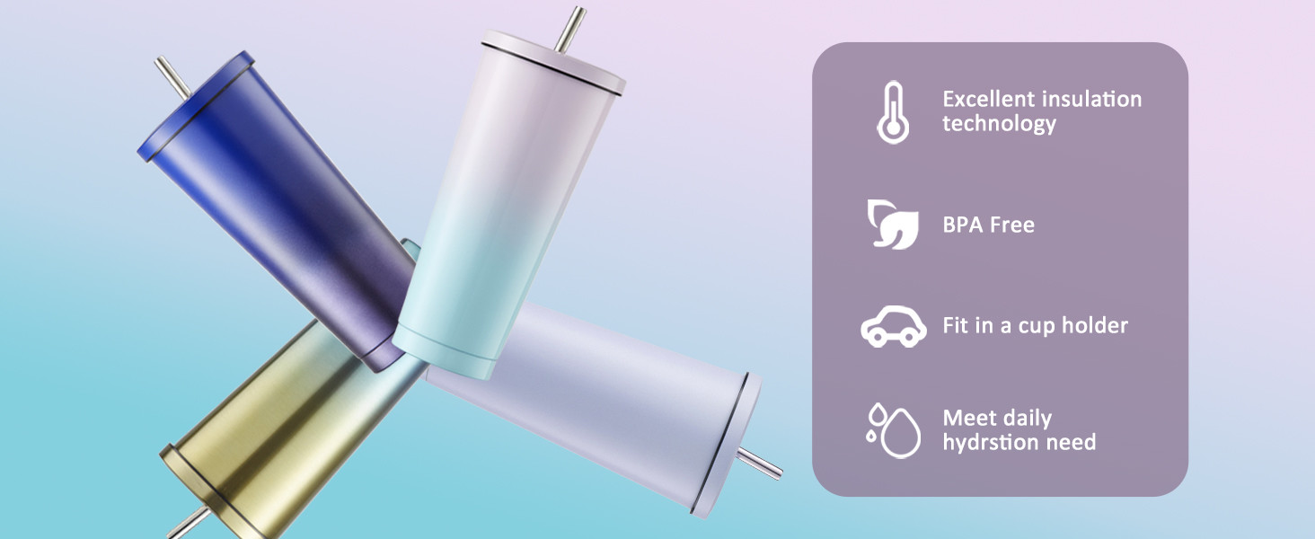Insulated Tumbler With Lid And Straw , Stainless Steel Vacuum Insulated Tumbler Eeps Cold For 24 Hours , 100% Leak Proof Fits In Car Cup Holder