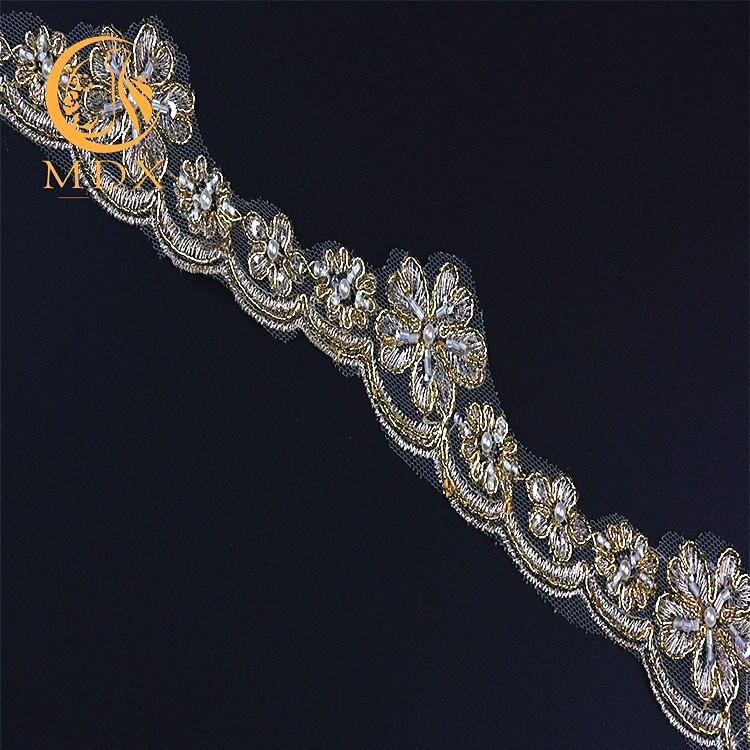 OEM Knitted Custom 3D Flower Lace Trim Embroidery Soft Mesh With Beads
